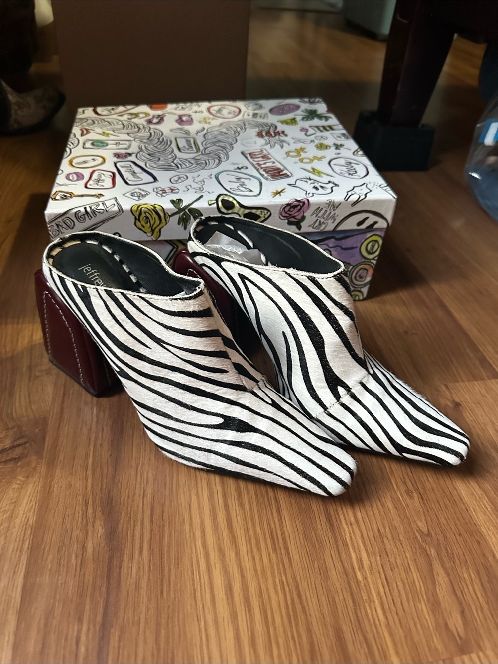 Free People Zebra Print Mules with Burgundy Block Heel